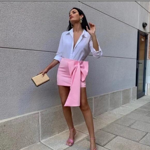 Zara Satin Effect Limited Edition High Rise Bow Mini Skirt Pale Pink Women's S - Picture 2 of 5